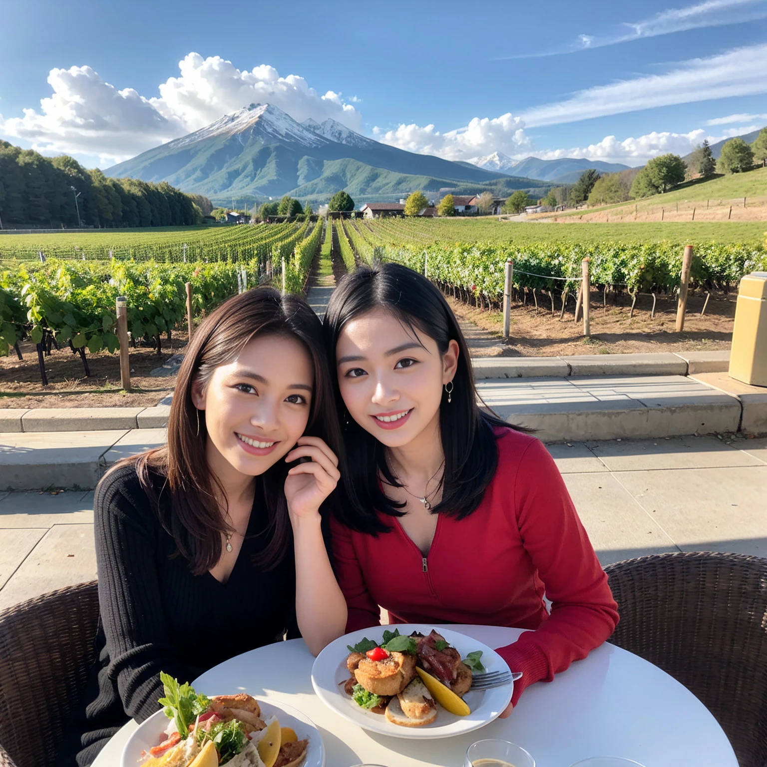((Highest quality、、masterpiece:1.3))、1 male、1 female、spouse、Beautiful couple、Japanese couple、smile、 (Slim face), (the body is スリム), (Brown Hair), (Shortcuts), ((Bob Hale、Straight hair:1.2)), テーブルの上のwine glass、Please shine a light on my face、 Amazing view of the sunset sky and clouds、Amazing mountain views、smileの美しさ、Bright imYear、Blushing, Shortcuts,Bright Face、 Year), 39 Year, red wine 、Appetizers、Italian food、Wine bottle、Champagne、sparkling wine、Long sleeve shirt、dress、Attractive beauty、restaurant, Nova Frog Style, actress, model, Upper Body, White wine, red wine, wine glass,