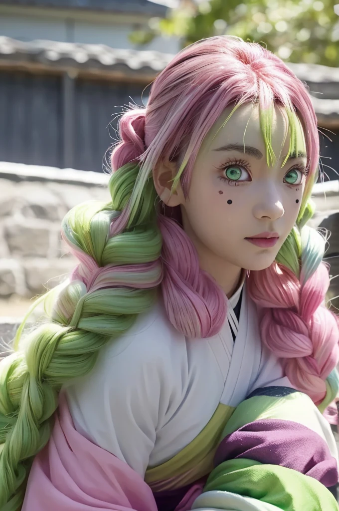 Super Close-up Mitsuri Kanroji's (28 age) character from the anime 'Kimetsu no Yaiba' in a realistic anime style. Be sure to highlight her pink and green hair, as well as bright green eyes that exude cheerfulness and strength. The eyes should have stunning iris details and sparkles that show the depth of their emotions. The nose is designed to appear smooth and proportional, with soft shadows that add dimension. Mitsuri's lips should be pink, with a slight sheen indicating the Power. 