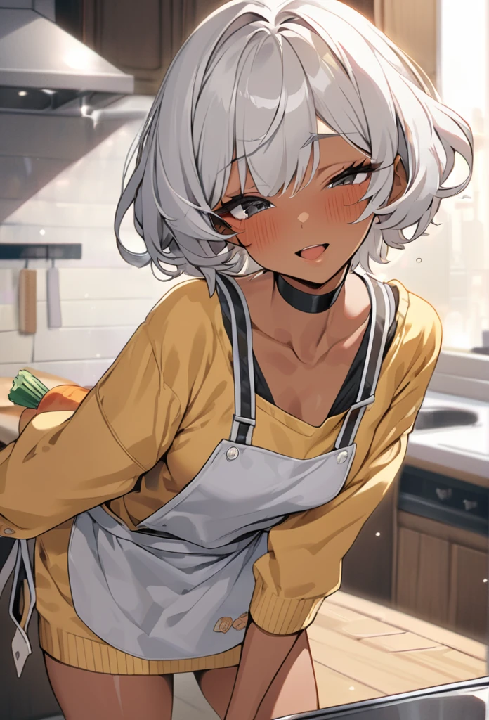(anime style),masterpiece, best quality, extremely detailed,12Year old,tanned skin,dark skin, Beautiful body,Cinderella bust,BREAK,multicolored colorful white hair,shaggy hair,very short hair,BREAK,black eyes,black choker,shy smile,open mouth,half closed eye,detailed lips,open legs,BREAK,cotton black big ribbon,BREAK,yellow a sweater with vertical stripes,kitchen apron,off shoulder,navel,break,head tilt,in the kitchen,have a carrot,put one knee on the desk