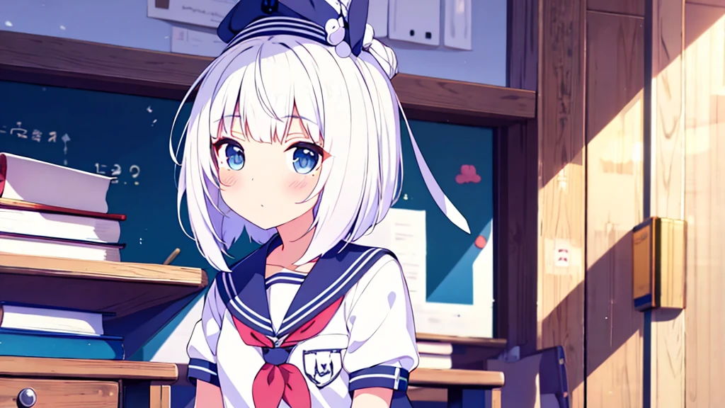 Extremadamente detallado gran calidad de imagen 1 white-haired girl with ribbon decorations on her head, blue eyes in school mini skirt navy Women with white stockings at home