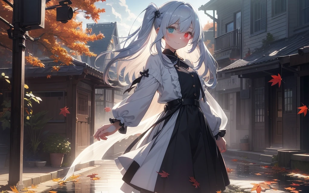 top-quality、Photorealsitic、The ultra-detailliert、delicate、orderly、high détails、blush-silver straight long hair、straight strong bangs, (Drooping heterochromia iris:1.4)、Gamine、10yaers old、embarrassed from、a smile、A slender、cowboy shot、blured background、(1 girl in:1.1)、GameCG、dynamic ungle、(Bioluminescent hair、radiant eyes:1.2)、red rose left eye, gray right eye, ambient occlusion、ambient lights、ray trace reflection、Glow、glowing aura、Radiant hair、autumnal、Colored leaves、Dancing autumn leaves、Autumn leaves reflected on the surface of the lake、