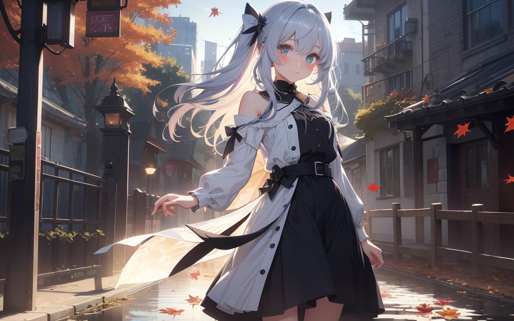 top-quality、Photorealsitic、The ultra-detailliert、delicate、orderly、high détails、blush-silver straight long hair、straight strong bangs, (Drooping heterochromia iris:1.4)、Gamine、ers old、embarrassed from、a smile、A slender、cowboy shot、blured background、(1 girl in:1.1)、GameCG、dynamic ungle、(Bioluminescent hair、radiant eyes:1.2)、red rose left eye, gray right eye, ambient occlusion、ambient lights、ray trace reflection、Glow、glowing aura、Radiant hair、autumnal、Colored leaves、Dancing autumn leaves、Autumn leaves reflected on the surface of the lake、