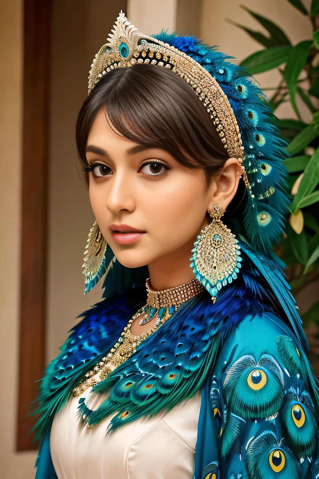 Hansika Motwani is a peafowl, she is real peafowl Bird. Mutant peafowl. peafowl transformation. peafowl body with  female head. She is a bird. Real bird. Head with bird body. Create this beautiful creature. Real face. realistic head replace with peafowl head.  Woman head replace with peafowl head. Bird figure. Birds body shape..she is beautiful bird.