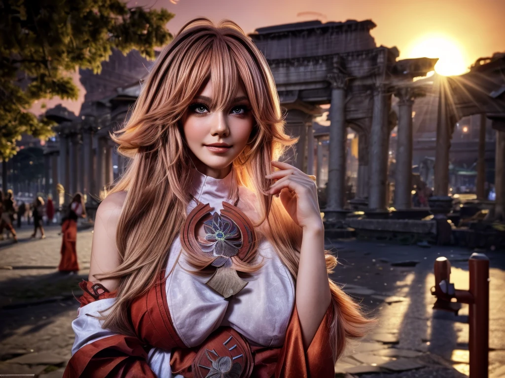 Foreground: a gorgeous woman, Large breasts, wavy hair in the wind. she's a men magazine model, She has a subtle smile and flirts with the camera, (she is Yae Miko, genshin impact, cosplay), background posing in Rome, red light district Rome, green trees, beautiful flowers, Ferrari in background (sunset:1.4), (perfect eyes:1.21), perfect hands, perfect body, perfect hair, large breasts, hair behind ear, happy attitude, UHD, retina, masterpiece, accurate, anatomically correct, textured skin, super detail, high details, high quality, award winning, best quality, highres, 16k, 8k,