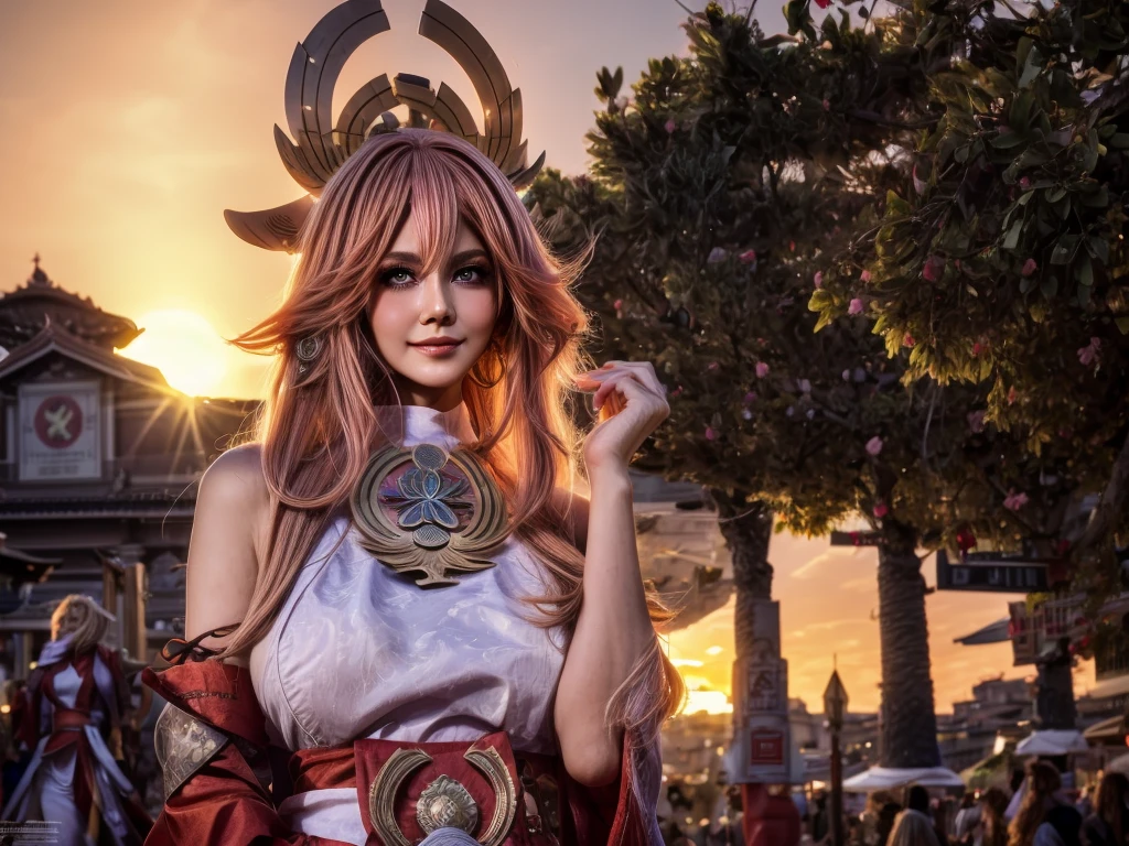 Foreground: a gorgeous woman, Large breasts, wavy hair in the wind. she's a men magazine model, She has a subtle smile and flirts with the camera, (she is Yae Miko, genshin impact, cosplay), background posing in Rome, red light district Rome, green trees, beautiful flowers, Ferrari in background (sunset:1.4), (perfect eyes:1.21), perfect hands, perfect body, perfect hair, large breasts, hair behind ear, happy attitude, UHD, retina, masterpiece, accurate, anatomically correct, textured skin, super detail, high details, high quality, award winning, best quality, highres, 16k, 8k,