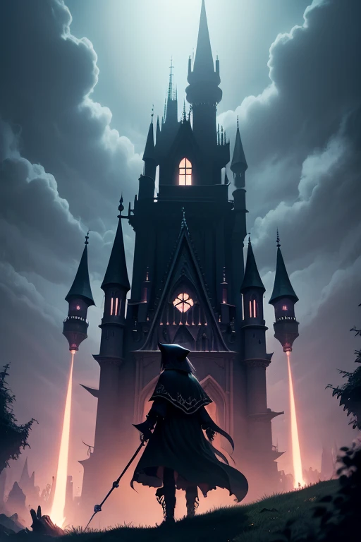 A vampire and a wizard stand guard in front of the tower's door. The tower is iron colored and pointed as if it will sink all over. On the top floor of the tower is a captive wolf staring out the window