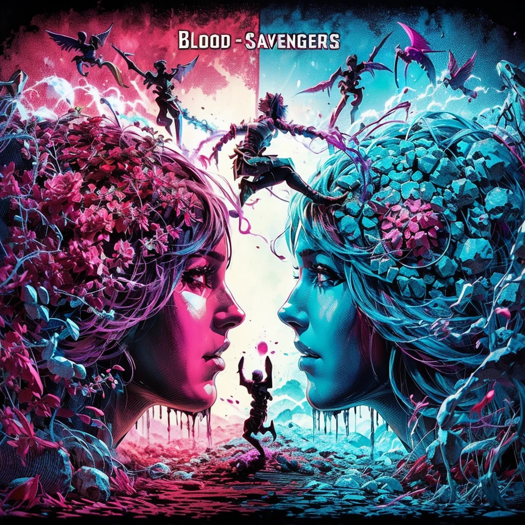 blood scavengers opposite world dream cyan magenta. A fight inside a broken mind. A splendid beautiful trans woman trying to emerge as the future in an astonishing panorama of end times.