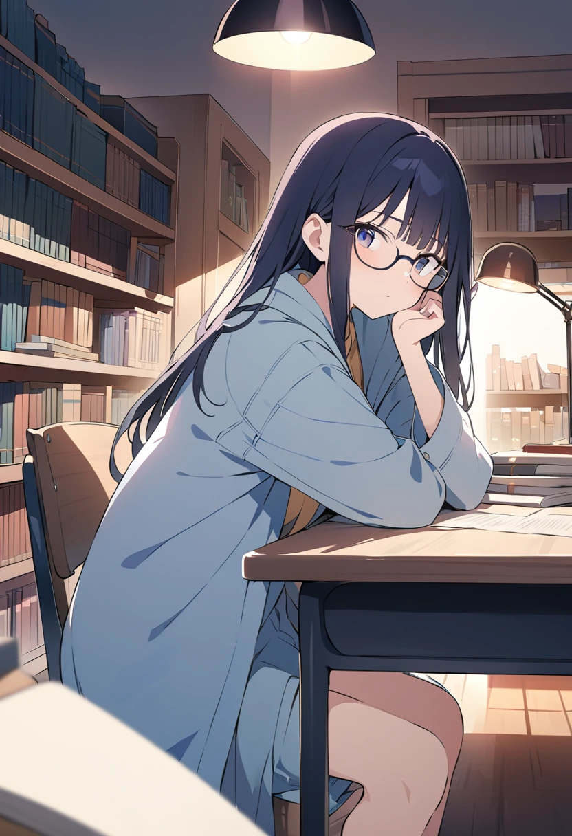 (Masterpiece, Top Quality, Best Quality, Anime Style, Makoto Shinkai style, Official Art: 1.1),1Girl wearing black frame glasses,Black Hair,Long hair,Bangs,Quiet,Sitting,Books in front of you,desk lamp,Light-colored coat,desk,bookshelf,Look at the viewer,Indoor lighting,Warm colors
