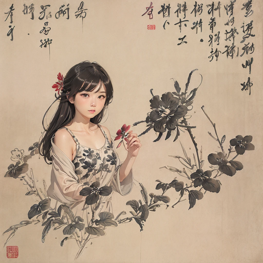 Ink Painting、woman、flower、fan、forest、chirp