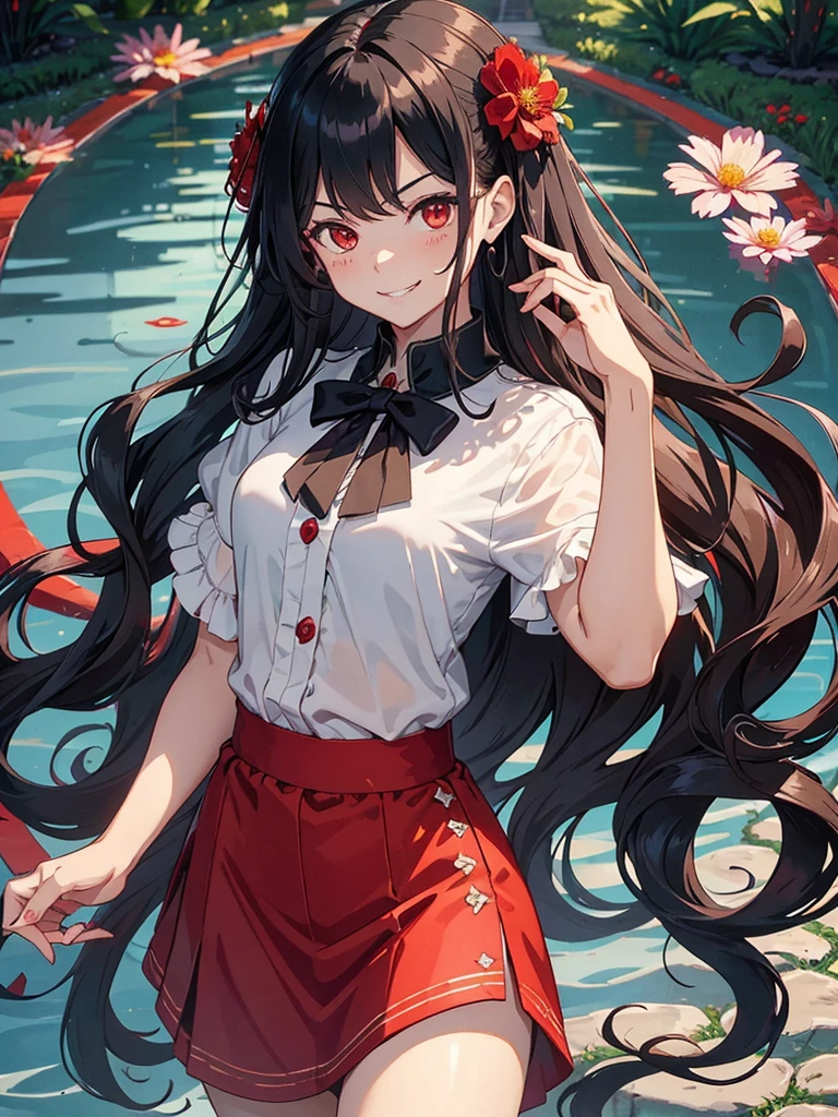 , red eyes, long wavy curry black hair, kid, smile, background in lake garden. Wear a flower-shaped hairpin on only one side. background and outfit modern western! Her hair is tied on the side. noble western castle. arrogant kid. smirk. sadistic smile. noble lady.