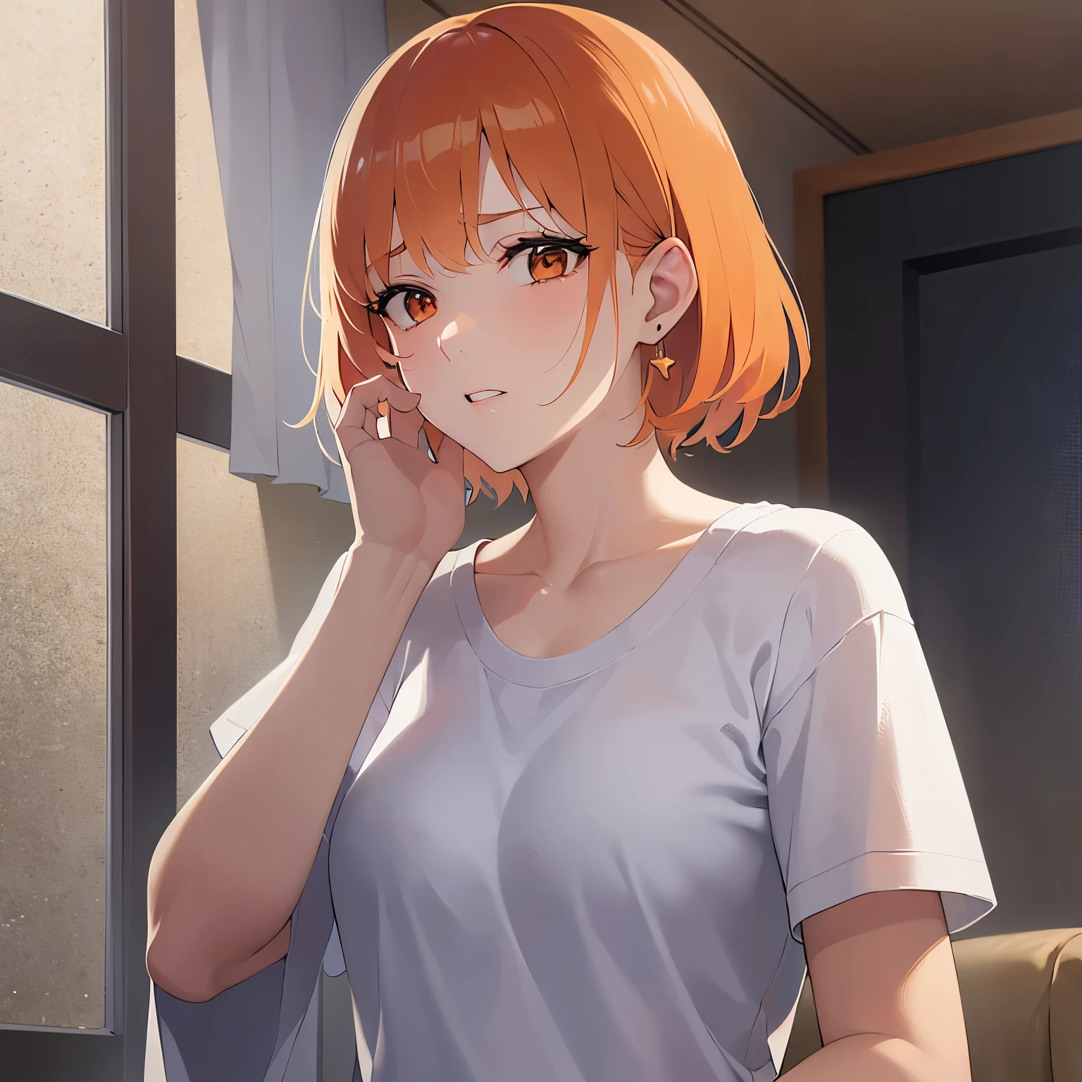 hand on own chin、Upper Body, Realistic, real person, (pale skin: 1.2), RAW photo, photorealistic, shiny skin, shiny hair、(A 25-year-old woman with a bob cut and bangs) and (orange hair) and (Orange Eyes) , Wearing a white V-neck T-shirt 、 The background is the living room、Alone、(worried:1.5)、Put your hands on your ears