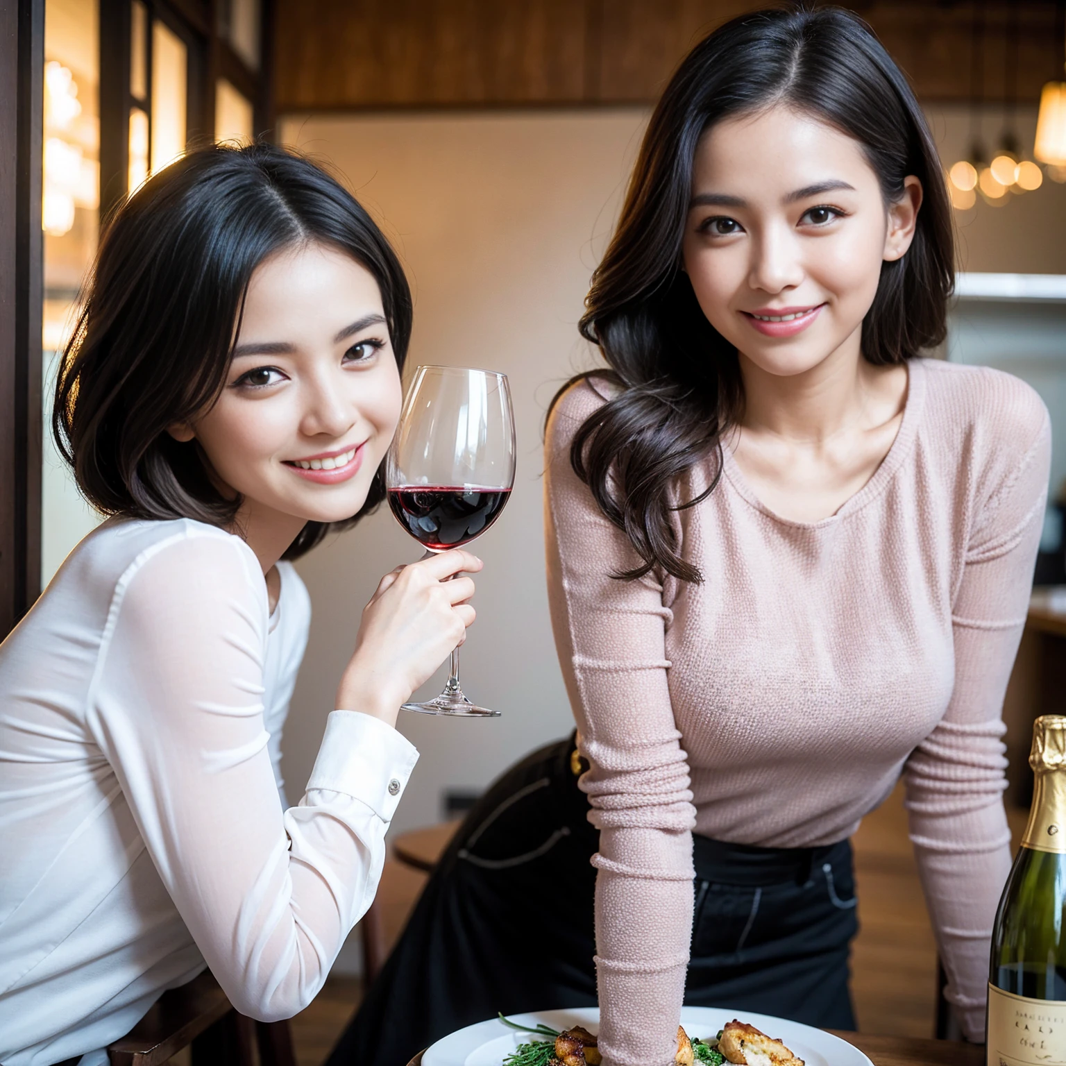 ((Highest quality、8K、masterpiece:1.3))、1 male 1 female、slimなカップル、pinkの恋人、beautiful couple、The body is slim、((Bob Hale、Straight hair:1.2)), (Realistic, Intricate details:1.2), フルコースディナーテーブルの上のwine glass、Shine light on your face、 Amazing view of the sunset sky and clouds、A bright smile、The wonderfulness of smile、Bright image、The beauty of wine, Beautiful Face, blue eyes, The light shines on your face, Blushing, short hair,Bright Face、 (Age 37), 39 years old, red wine 、Appetizers、Italian food、Wine bottle、Champagne、sparkling wine、Two beauties、Brown Hair、Shortcuts、Long sleeve shirt、dress、Beautiful woman 1, (slimな顔), (The body is slim), (Brown Hair), (Shortcuts), cheeks turn a little red,Attractive beauty、restaurant, In a prominent place (From the waist up) Nova Frog Style, actress, model, Upper Body, White wine, slim, wine glass, 中央に置かれたwine glass, smile, (smile: 1.15), Beautiful fine grain, Depth f/2,saturation, High Contrast, Strong light and shadow,Moist Body:1.5、3D texture、Delicate eyes、Brown Hair、The hair is very shiny、pink
