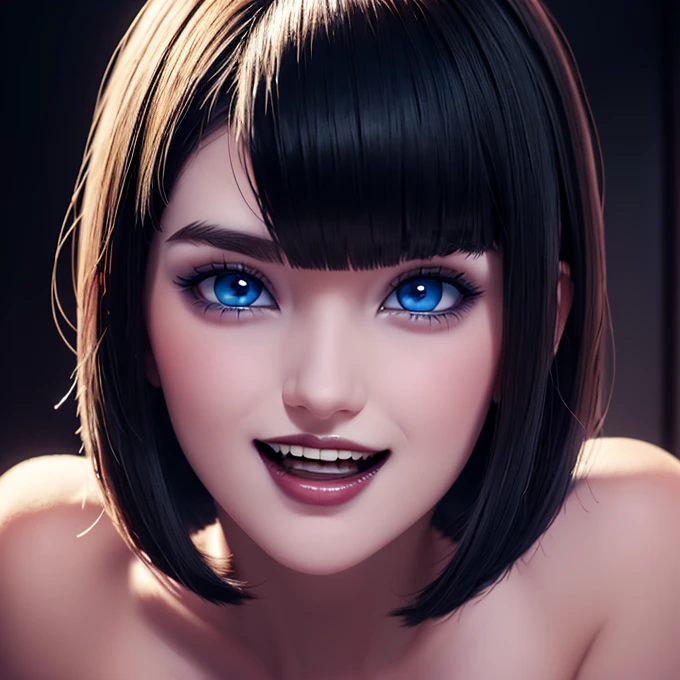 Preciosa vampiresa ojos azules desnuda grandes tetas y voluptuosa cabello corto estilo bob labios gruesos y voluminosos sonrisa sensual detallado perfecto