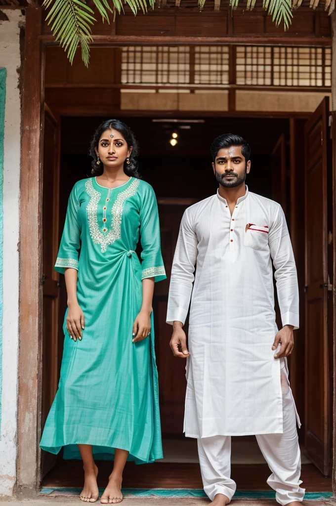 Highly graphic image - In first couple A man is wearing mundu a traditional dress of Lakshadweep Island, and the women is wearing Angavastram. And in second couple Aman is wearing kurta pajama and the women is wearing a sari