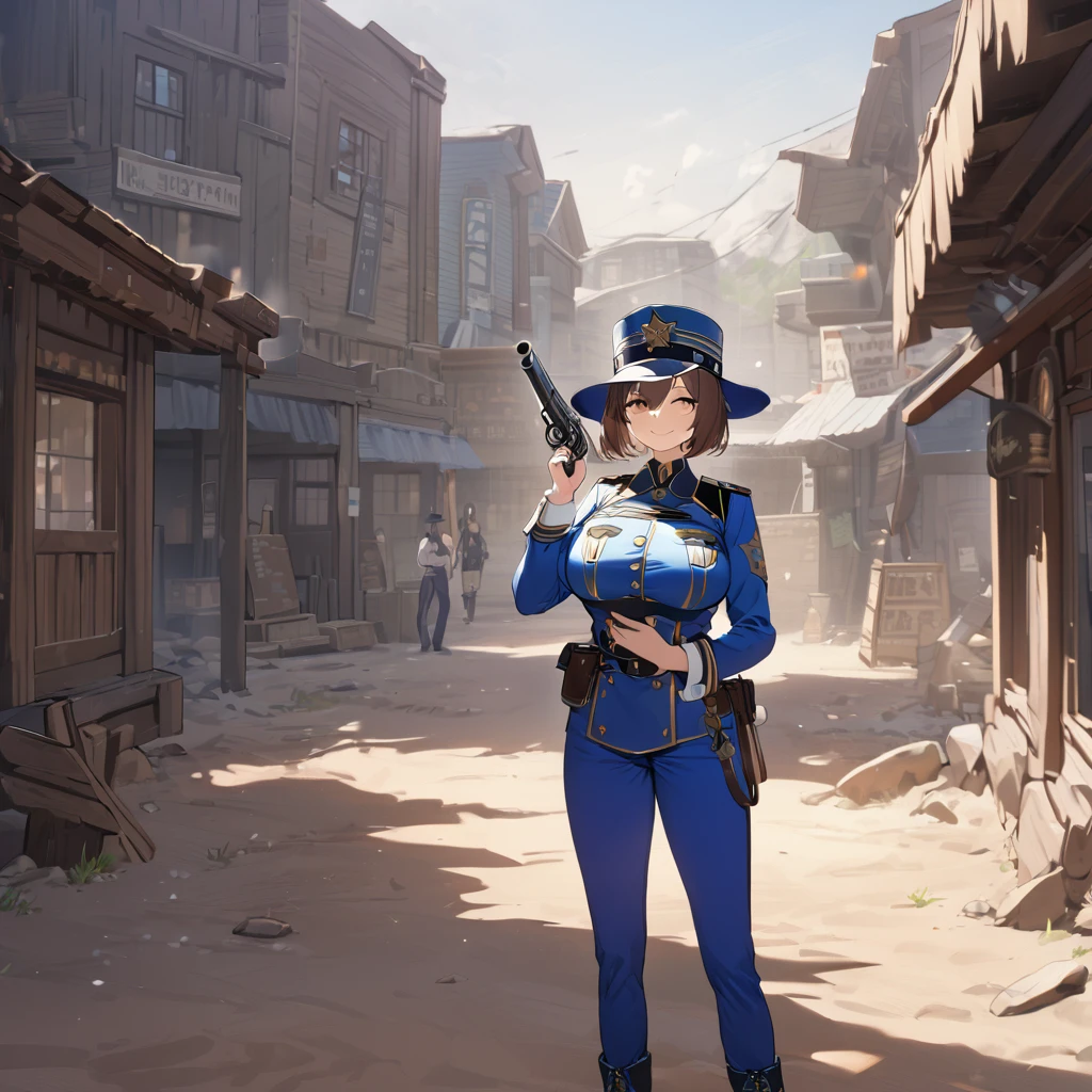 A woman wearing a blue sheriff's uniform, blue pants, blue jacket, blue cowboy boots, blue military hat, sunglasses, smiling, holding a traditional sheriff's revolver, standing on dirt ground in a western town classic, dust background, brown hair, short hair, big breasts, daytime location,UHD , prime work , accurate , anatomically correct , textured skin , super details , high quality , best quality, 8k, high resolution, bokeh effect. (woman alone),
