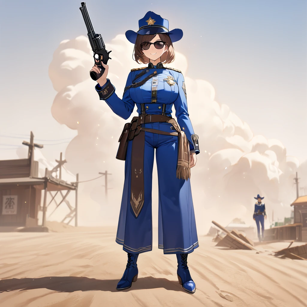 A woman wearing a blue sheriff's uniform, blue pants, blue jacket, blue cowboy boots, blue military hat, sunglasses, smiling, holding a traditional sheriff's revolver, standing on dirt ground in a western town classic, dust background, brown hair, short hair, big breasts, daytime location,UHD , prime work , accurate , anatomically correct , textured skin , super details , high quality , best quality, 8k, high resolution, bokeh effect. (woman alone),
