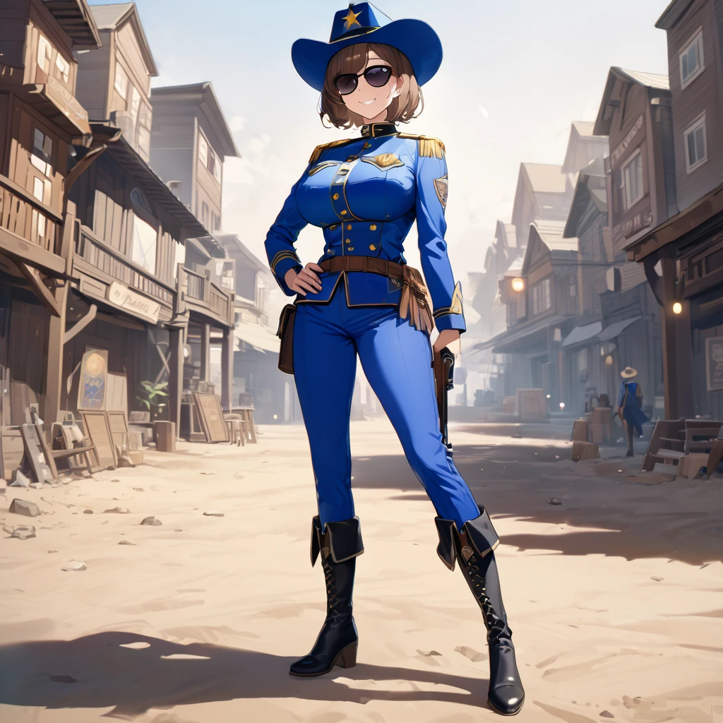 A woman wearing a blue sheriff's uniform, blue pants, blue jacket, blue cowboy boots, blue military hat, sunglasses, smiling, holding a traditional sheriff's revolver, standing on dirt ground in a western town classic, dust background, brown hair, short hair, big breasts, daytime location,UHD , prime work , accurate , anatomically correct , textured skin , super details , high quality , best quality, 8k, high resolution, bokeh effect. (woman alone),
