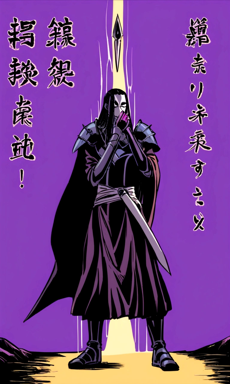 Bleach drawing style, male black skin tall and thin, Black dreads hair, glowing in purple, Black and purple background, rogue halg mage armor, mask and hand covering the mouth, standing, maniac smile face, walking with a lightning dagger at his side, Full body image, manga style hand drawn, Japanese writing on the edges, manga magazine cover written Shangri-La