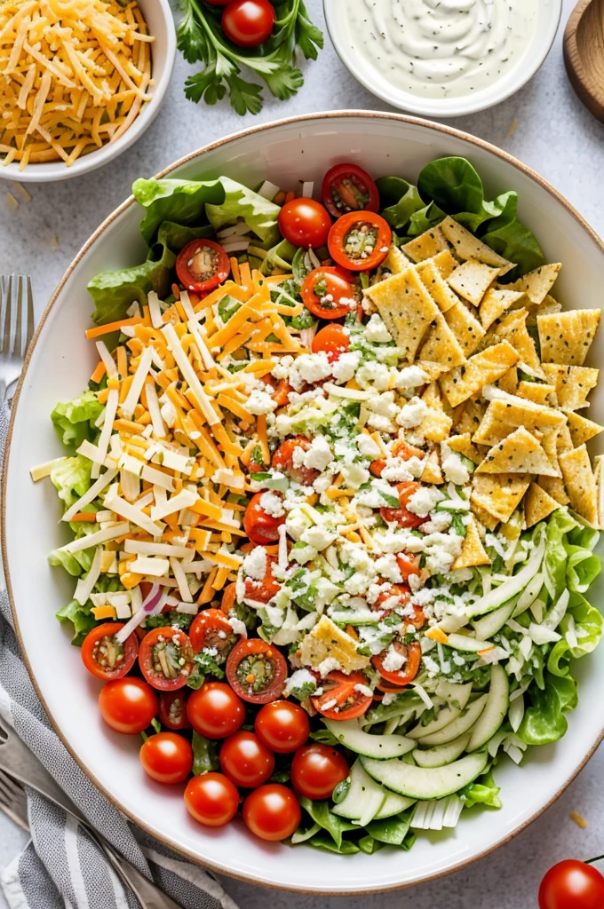 bowl of salad with lettuce, carrots, cherry tomatoes, chicken, bacon, parmesan cheese, cheddar cheese, grated garlic bread, and ranch dressing