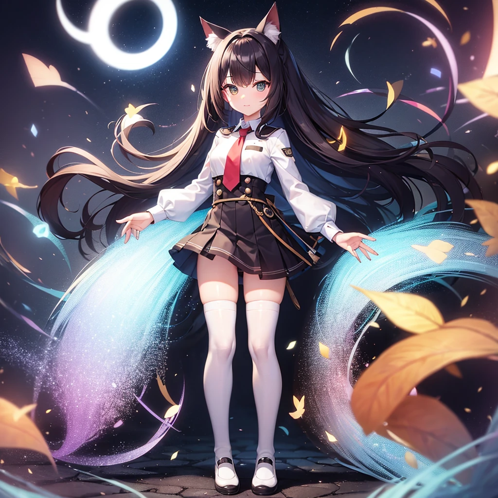 ((White knee-high socks)),(Cat ear),(Cat&#39;s Tail),Cute little ,Tiny ,Small girl,,Childish face, Very fine clean face,Top quality, Big eyes,Straight Hair,Yellow hair,Crimson Eye,(Dark Room), Subtle light, Natural light,Soft lighting,Light from directly behind, (Are standing), Cute pose, (Open your hands), Showing the whole body,Front view,Black background