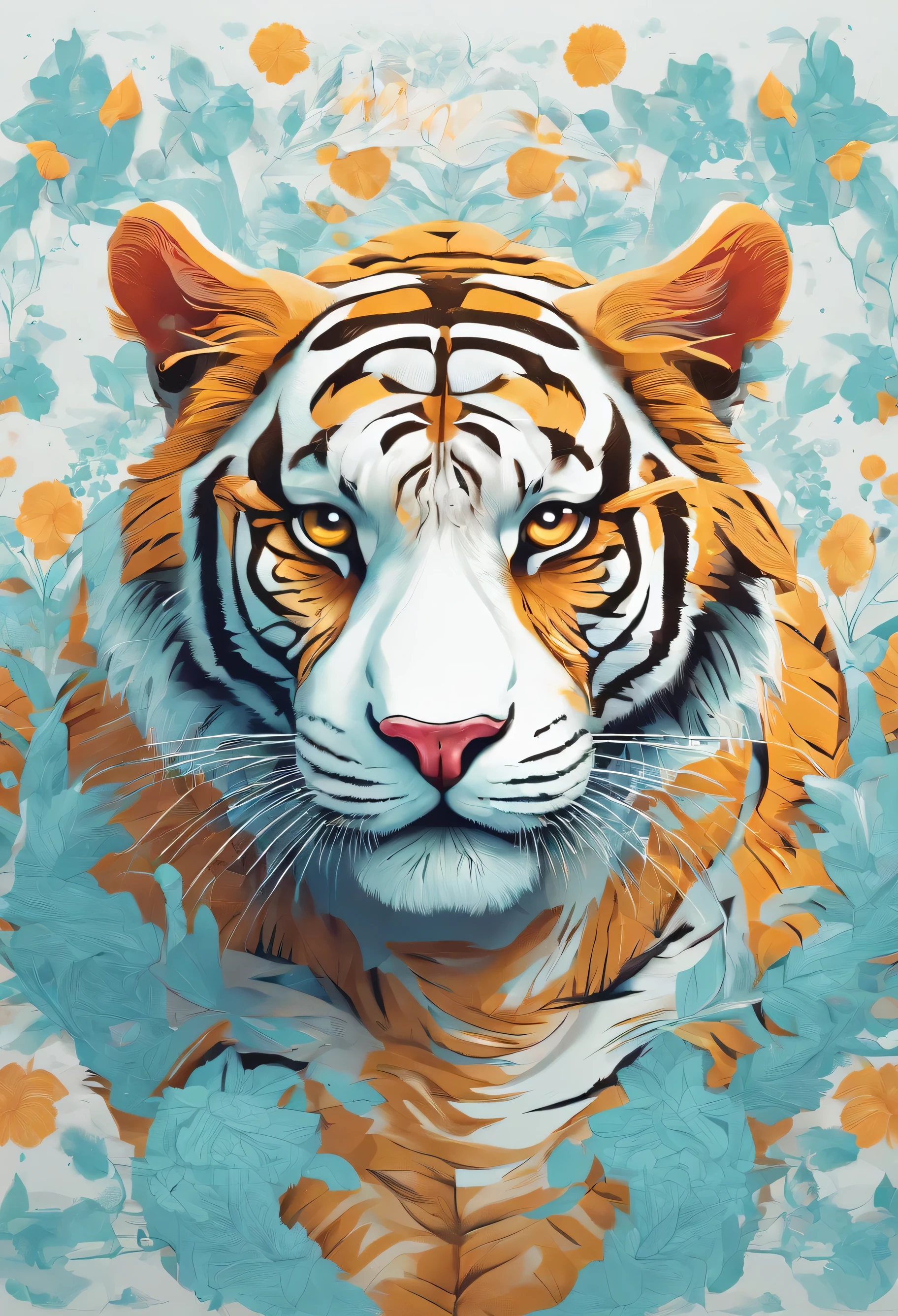 tigre kawaii，fond blanc，Style plat，dans le style de la peinture numérique，cyan clair et ambre clair，gagnant du concours，32k euh，caricatures ludiques，art à fourrure，audacieux，personnages inspirés des mangas--ar3：4