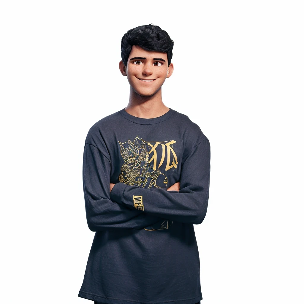 black hair, arms crossed and smiling, with a shirt without a print