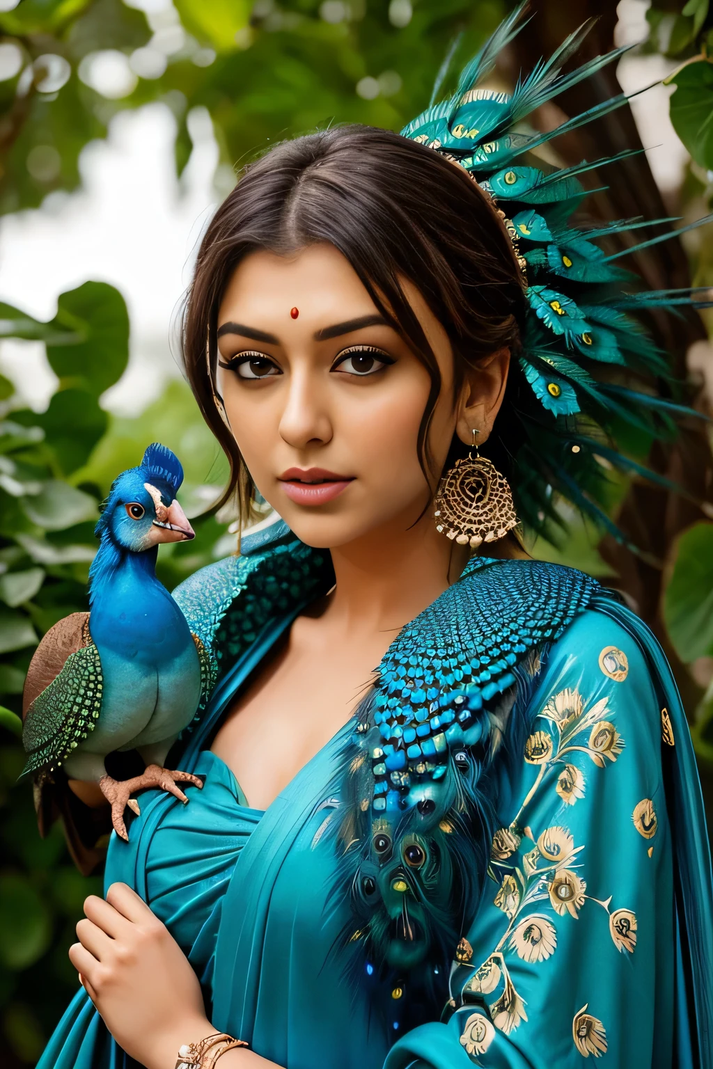 Hansika Motwani is a peafowl, she is real peafowl Bird. Mutant peafowl. peafowl transformation. peafowl body with  female head. She is a bird. Real bird. Head with bird body. Create this beautiful creature. Real face. realistic head replace with peafowl head.  Woman head replace with peafowl head. Bird body.