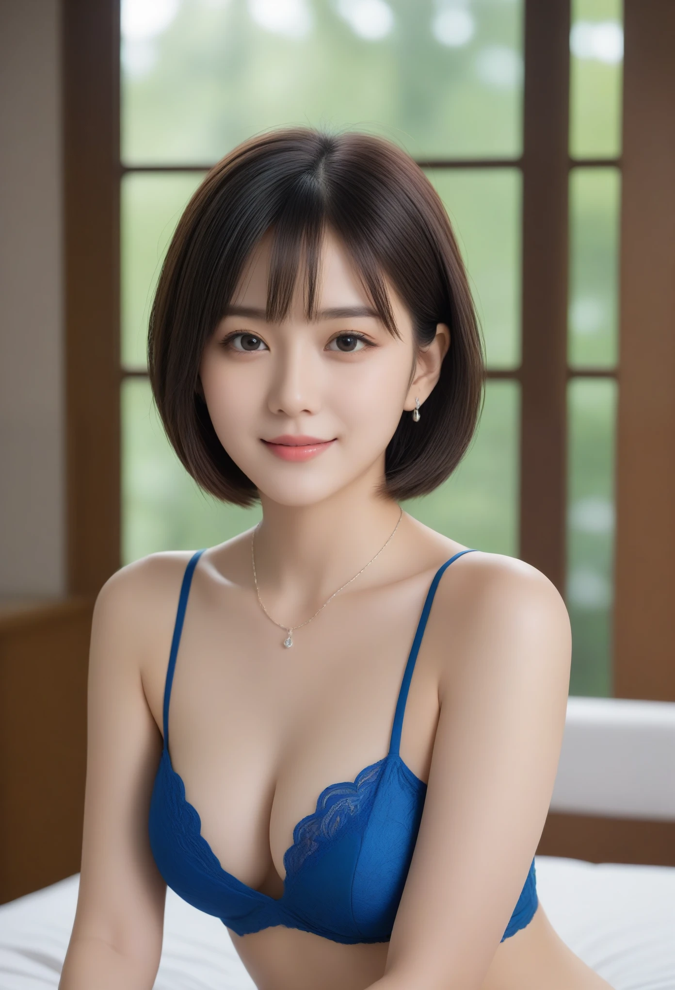 8K, Ultra-high resolution, Highest quality, masterpiece, 三分割法によるphotograph,Surreal, photograph, 1 Girl, (:1.3), pretty girl, Cute face, Beautiful eyes in every detail, 細かくdetailedに,masterpiece,, One Girl:1.2, Japan Female Announcer,whole body,Blue lace thong&good, (((Very elegant and beautiful, Perfect detail, 非常にdetailedな))), 1 Girl(naked;1.3), Very short hair, Spiked Hair, Beautiful detailed hair, Perfect Face, Beautiful and gorgeous necklace, Colorful background, HD background, Blurred Background, Very delicate and beautiful, (Inside the room,Stylish interior,window), Attractive thighs, Sensual,A carefree smile,Heal the heart,Black Hair,Short Bob,Looking at the audience、beauty,Long neck、Laugh a little、Please close your mouth and laugh、(((Ideal body type))),A cup small breasts :2,、Portraiture:2、Perfect Anatomy、鮮明なdetailed、detailed、Surreal、Light and shadow,Strong light
