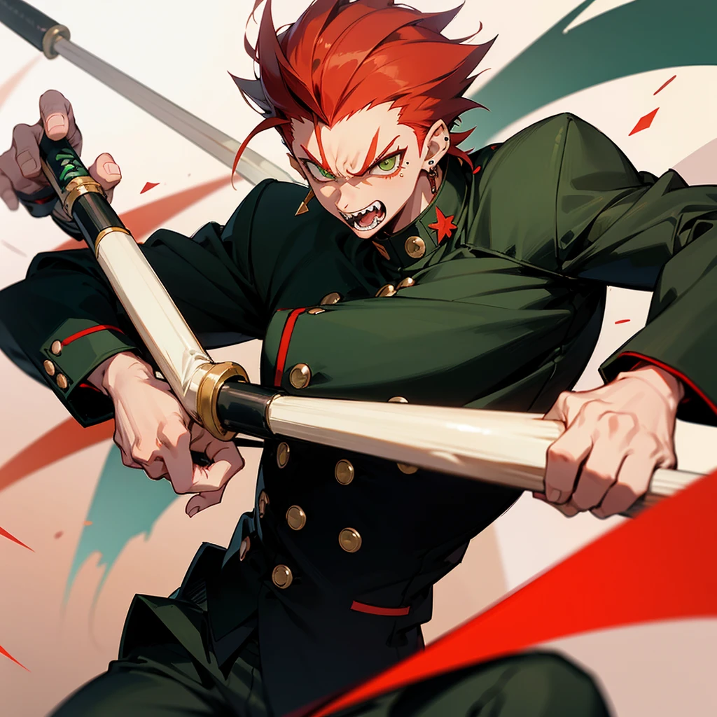 1 male, anime boy, delinquent, red hair, green eyes, dark tanned skin, piercings, pointy teeth, angry face, muscly, holding baseball bat, gakuran jacket, black clothes, school background,