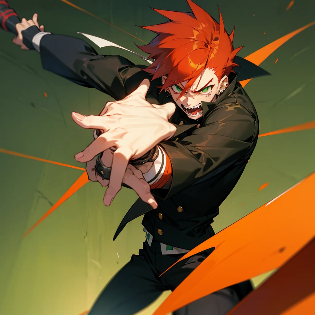 1 male, anime boy, delinquent, red hair, green eyes, dark tanned skin, piercings, pointy teeth, angry face, muscly, holding baseball bat, gakuran jacket, black clothes, school background,