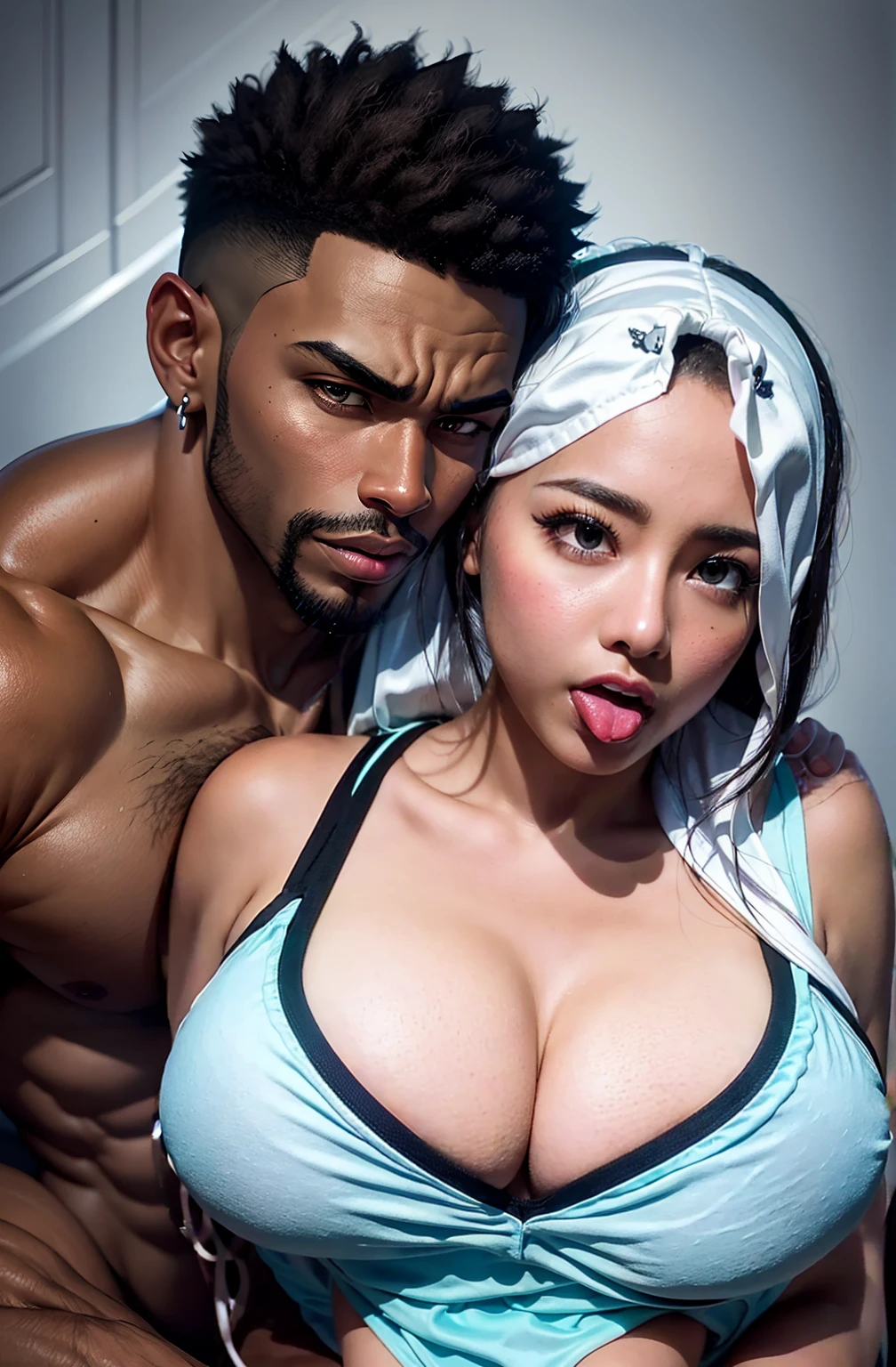 irishuo,1girl,solo,realistic,8k,highres,(perfect face:2),perfect eyes,perfect body,ultra detailed face,looking at viewer,large breasts,massive ,cleavage,ahegao,tongue,open mouth,concept,(long black hair)