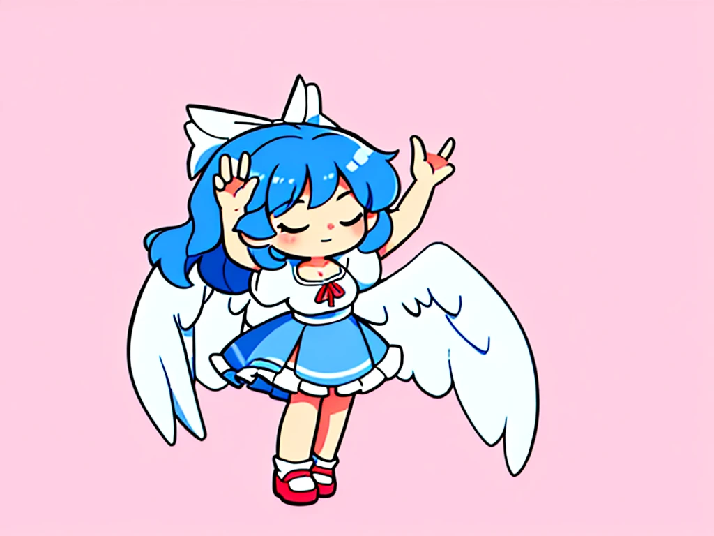 masterpiece, best quality, 1girl, , , , medium blue hair, hair flaps, pink ribbon on head, well-formed face, blue eyes, angel girl, white blouse, puffy short sleeves, red ribbon, angel wings, long white skirt, red shoes, frills, ribbon head, from behind, to lift up one’s skirt, cowboy shot, from front, standing , raise one leg, crossed arms, arms up behind, arms behind back, hand between legs, put hands hip, one hand on hip, forward hands, arms raised in the air, punch hands, peace sign, waving, put up index finger, sit, lie down, closed eyes, lie face down, looking back, put one hand chest, leaning forward, cleavage, close up, horizontally outstretched arms, horizontally outstretched legs, front view, front face