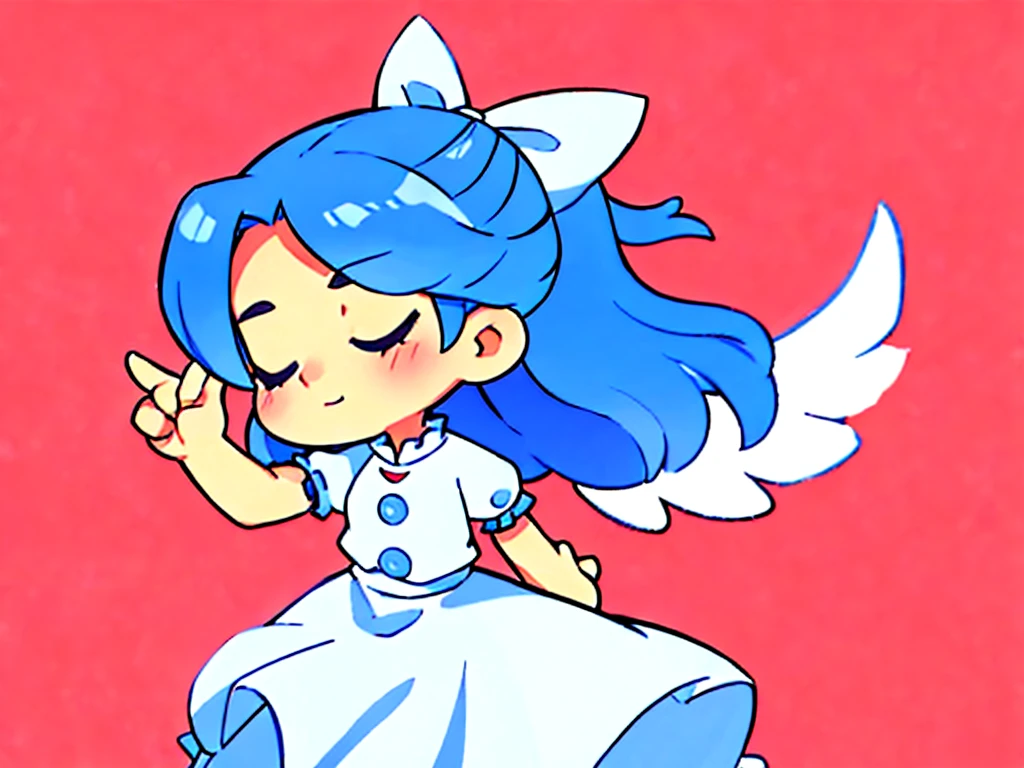 masterpiece, best quality, 1girl, , , , medium blue hair, hair flaps, pink ribbon on head, well-formed face, blue eyes, angel girl, white blouse, puffy short sleeves, red ribbon, angel wings, long white skirt, red shoes, frills, ribbon head, from behind, to lift up one’s skirt, cowboy shot, from front, standing , raise one leg, crossed arms, arms up behind, arms behind back, hand between legs, put hands hip, one hand on hip, forward hands, arms raised in the air, punch hands, peace sign, waving, put up index finger, sit, lie down, closed eyes, lie face down, looking back, put one hand chest, leaning forward, cleavage, close up, horizontally outstretched arms, horizontally outstretched legs, front view, front face