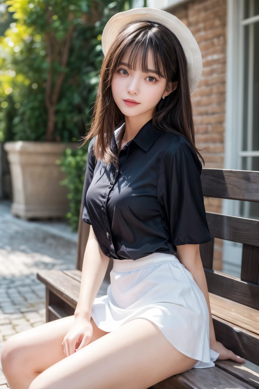 ((Best image quality、8K、masterpiece:1.3))、Realistic high-quality photos、Highest quality、Beautiful and graceful face and eyes、Uniform eyes、Black Hair、Shiny Hair、 OL、Wearing a short-sleeved blouse、Wear a long skirt、Full Body Shot. Sitting、(((White panties can be seen between her skirt and legs)))、Anatomically correct body、