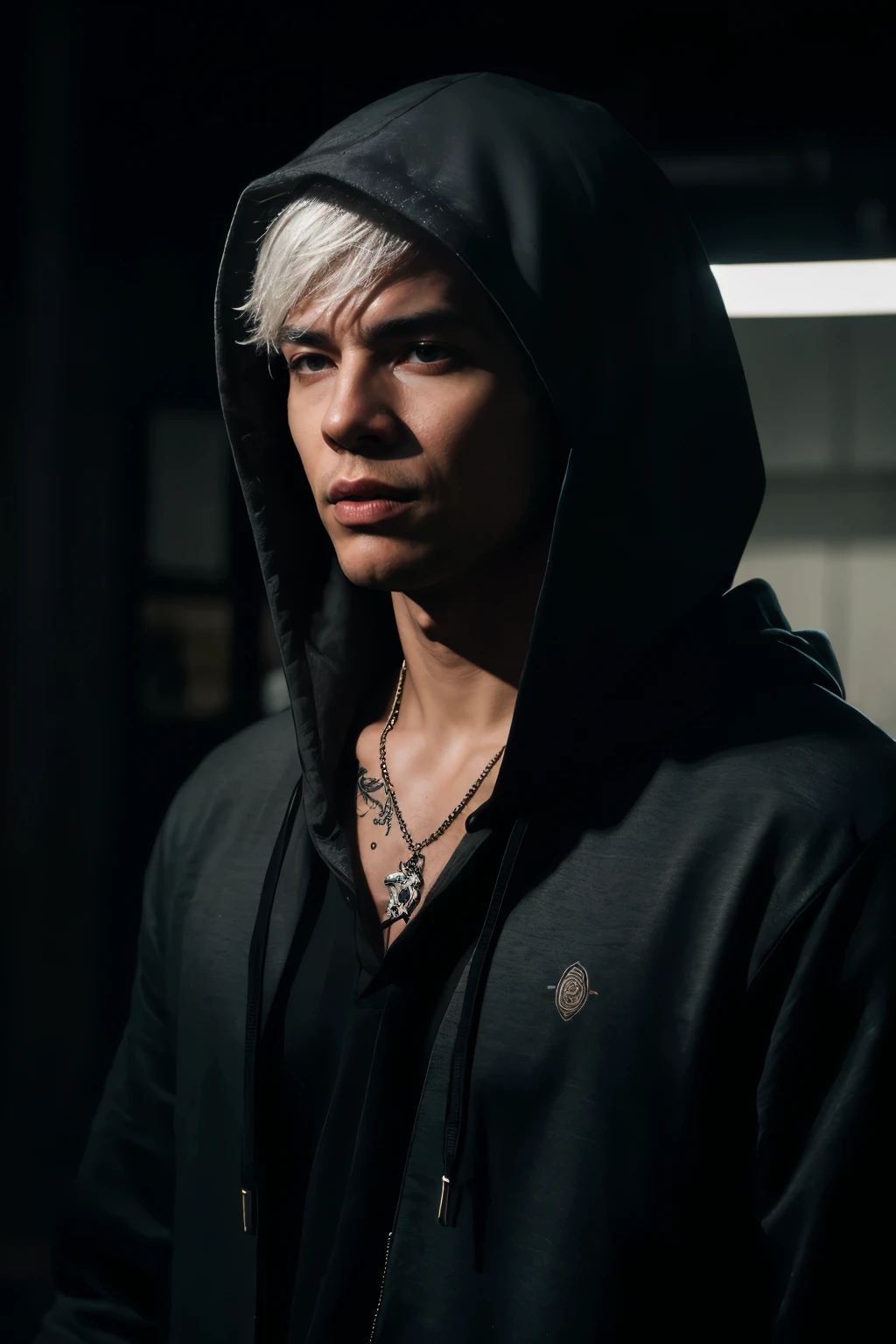 photo realistic,solo Korean boy,looking at viewer, 1boy, jewelry, upper body, wide shot, Desaturated tones,Low Key Lighting,Moody Lighting,focus, hood, necklace, hoodie, tattoo, neck tattoo,piercing, hood up, , lip piercing,
,male,Illuminate half of the model’s face, creating dramatic chiaroscuro effects,Mediumhair,center part,(mash perm white hair:1.0),(Looking Away:1.0), Underexpose Lighting,Handsome Man,Realistic Photo,masterpiece, Illuminate half of the model’s face, creating dramatic chiaroscuro effects, dusty Colors,