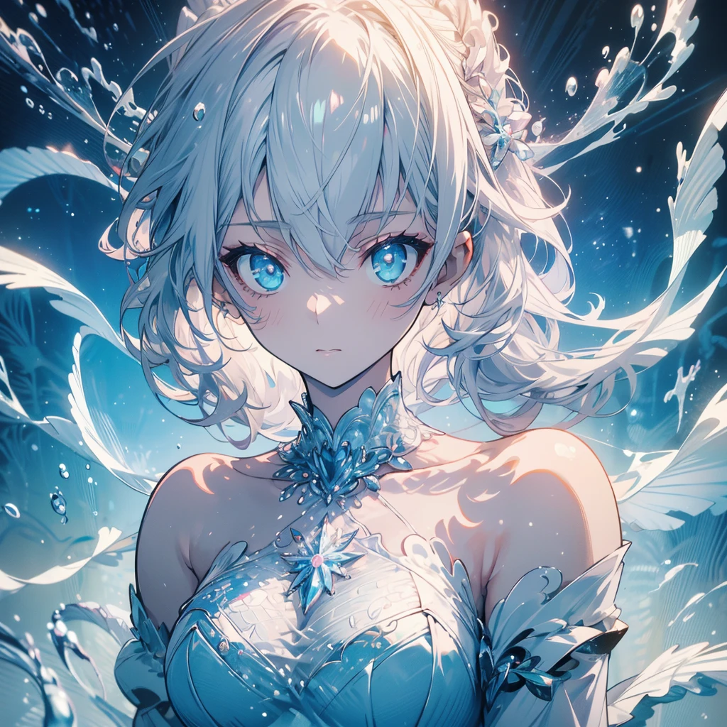 ((masterpiece, best quality)), Delicate face,silver white, Mermaid under the sea,Scales,whole body,Standing picture,Large Breasts,Gradient double ponytail,Perfect body proportions,beautiful eyes,Extremely beautiful,transparent,Pure white background,Water Ripples,Sexy Lingerie,Lace