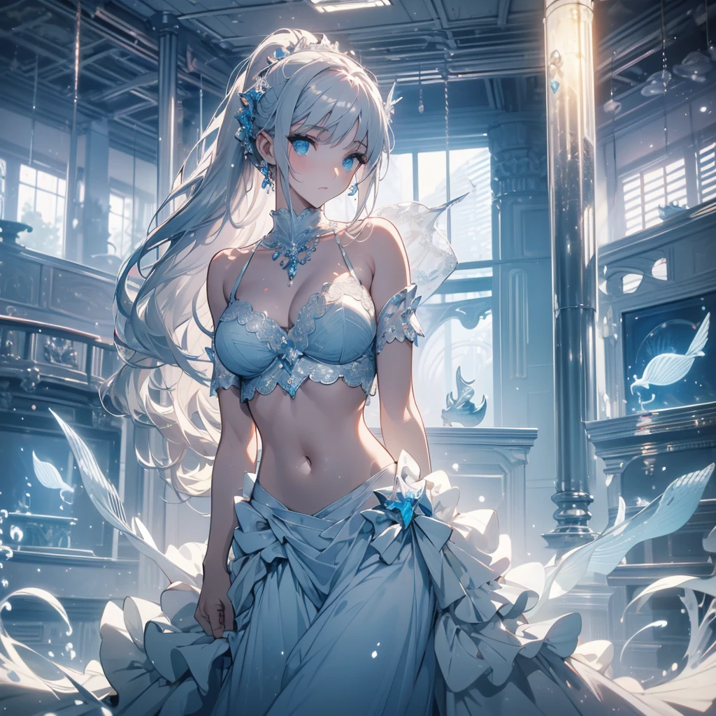 Exquisite slender girl (with a perfect, very beautiful face and almond-shaped eyes) (with a southern skin tone and soft lips) (costs (at the control panel)) with tender ((bare breasts) (with the little ones (tender nipples))) ((in a long light skirt on a naked body)) ((costs)) ((barefoot)) ((in a spaceship cabin)) ((on another planet)) ((with electronic bracelets on the arm and ankle)) (with musical instruments) ((with exposed small breasts and slender waist)); (cozy spaceship cabin); (old instruments and equipment), (((telescope и оборудование обсерватории))), ((Looks at (telescope))); (((precious jewelry on the chest and wrists and ankles))); ((dawn morning summer gentle golden light)), ((pastel soft warm shades)); (warm (summer) early morning), ((dawn soft warm light)); (draw ((in watercolor style))); ((very beautiful exquisite face)); (high image quality, high detail); ((big alien eyes), skinny); ((delicate mint and blue shades)), (sfumato)