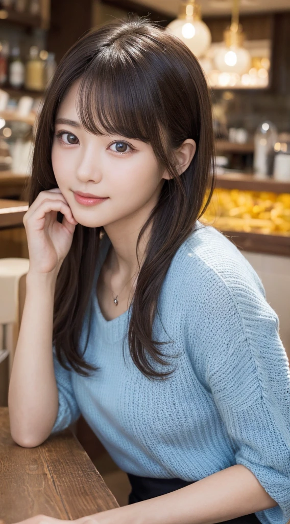 NFSW、masutepiece、masterpiece、1 girl in、(close up of face、cowboy shot)、Straight front view、japanes、very young cute woman、(The cutest girl in the world)、12year old、Smaller face、large full breasts、Autumn knit jacket、sheer inner、Chiffon skirt、Ultra-detailed costumes、Smiling in a café、Scrunchie、Thin necklace、Glamorous figure、hyper cute face、shiny lip、Double eyelids in both eyes、 natural make up、long eyeslashes、shiny smooth light brown hair、bangss、Short twin tail hair、asymmetrical bangs、image in center、8K resolution、high details、Detailed hairstyles、A detailed face、spectacular movie lighting、octane renderings、with a vibrant、Ultra-realistic、Perfect limbs、perfect anatomia