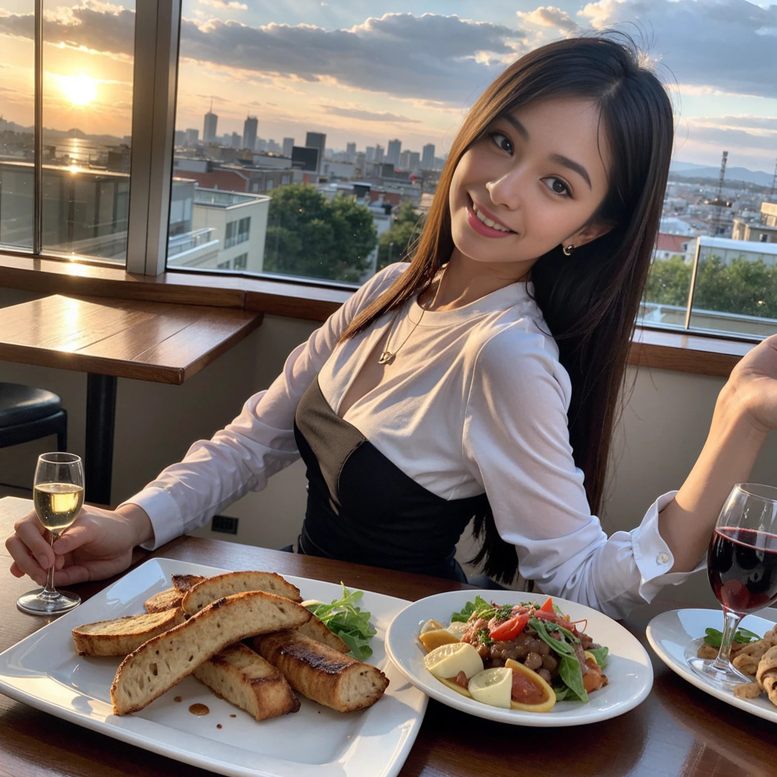 ((Highest quality、、masterpiece:1.3))、1 male 1 female、Slim lovers、Beautiful couple、Japanese couple、smile、 (Slim face), (the body is スリム), (Brown Hair), (Shortcuts), ((Bob Hale、Straight hair:1.2)), Full course dinner on the table、wine glass、Please shine a light on my face、 Amazing view of the sunset sky and clouds、smileの美しさ、Bright image、Blushing, Shortcuts,Bright Face、 43 years old,39 years old, red wine 、Appetizers、Italian food、Wine bottle、Champagne、sparkling wine、Long sleeve shirt、dress、Attractive beauty、restaurant, Nova Frog Style, actress, model, Upper Body, White wine, red wine, wine glass,