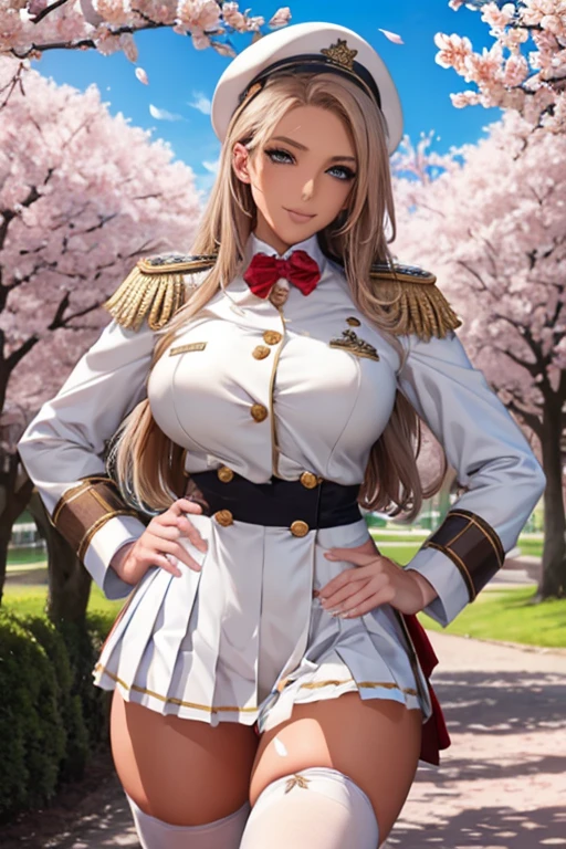 {{{nsfw:1.5}}},{{{Nude}}}masterpiece, best quality, nmascot, epaulettes, uniform, pleated skirt, white thighhighs, medium breasts, looking at viewer, upper body, petals, cherry blossoms, light smile, sky, clouds, hands on hips, beautiful hands 