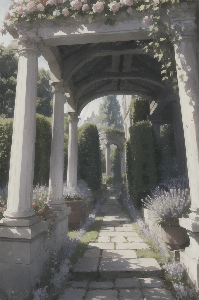 English Garden. An English garden with roses, lavender, and other classic flowers. The garden should have a romantic and charming look, with winding paths and arches covered in vines. The plants should be arranged in a way that creates a sense of balance and harmony, with symmetrical shapes and carefully chosen color schemes.
