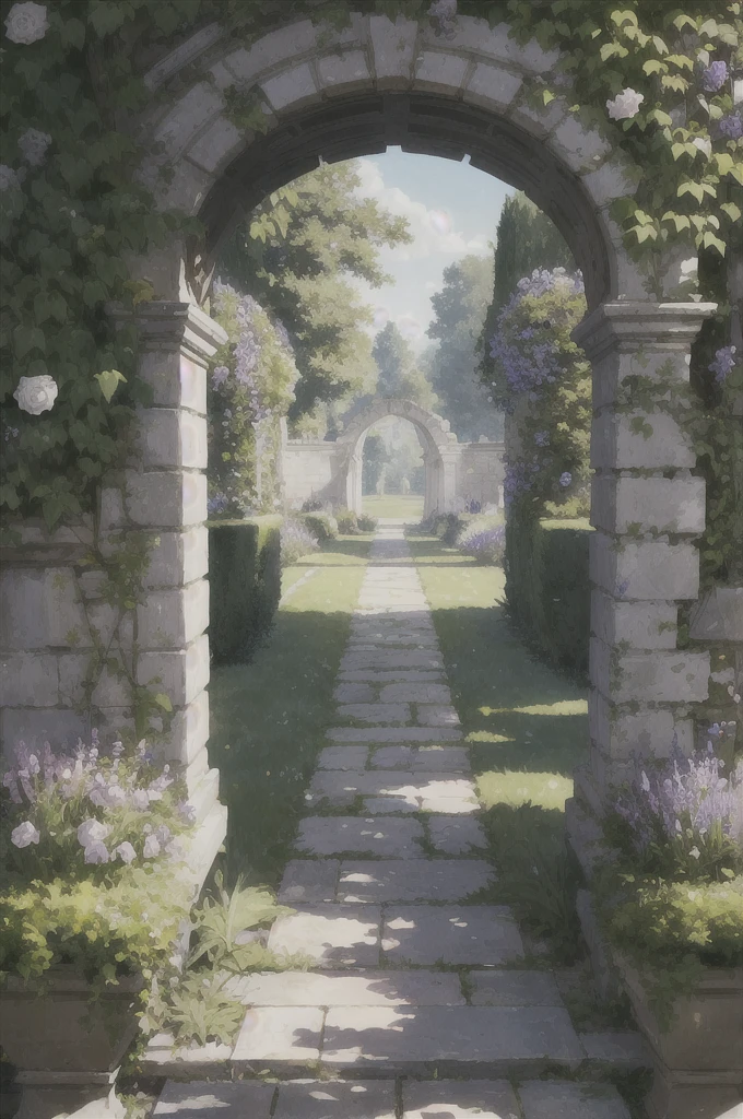English Garden. An English garden with roses, lavender, and other classic flowers. The garden should have a romantic and charming look, with winding paths and arches covered in vines. The plants should be arranged in a way that creates a sense of balance and harmony, with symmetrical shapes and carefully chosen color schemes.