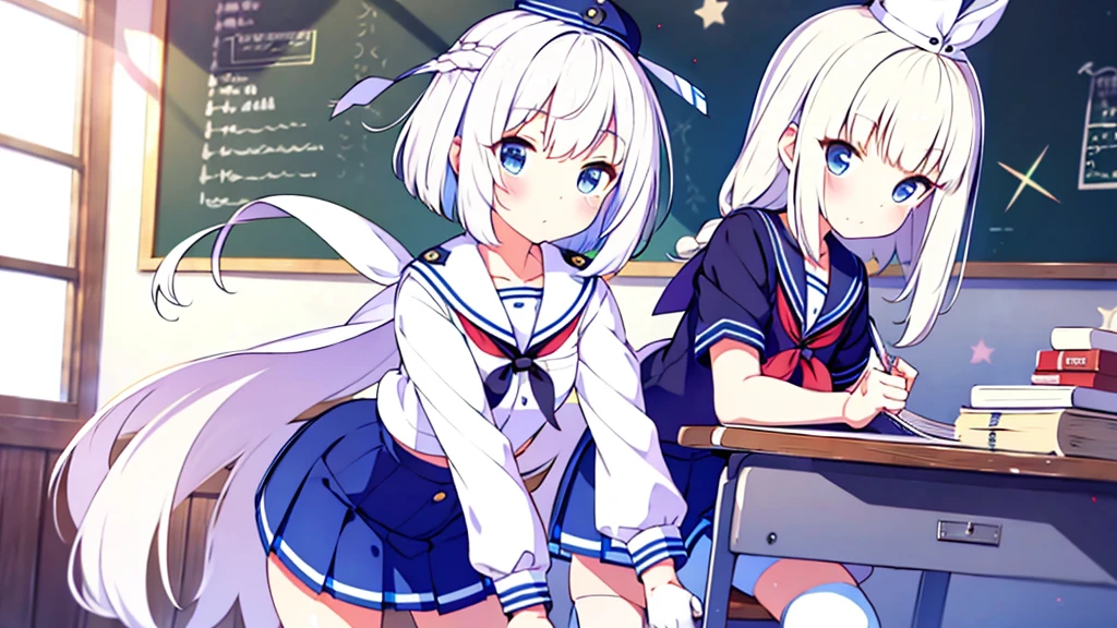 Extremadamente detallado gran calidad de imagen 1 white-haired girl with ribbon decorations on her head, blue eyes in school mini skirt navy Women with white stockings at home