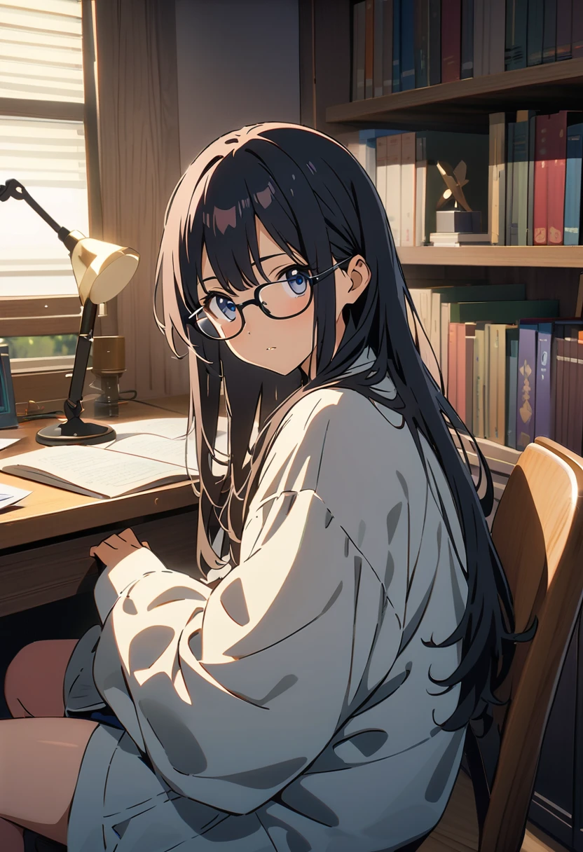 (Masterpiece, Top Quality, Best Quality, Anime Style, Makoto Shinkai style, Official Art: 1.1),1Girl wearing black frame glasses,Black Hair,Long hair,Bangs,Quiet,Sitting,Books in front of you,desk lamp,Light-colored coat,desk,bookshelf,Look at the viewer,Indoor lighting,Warm colors