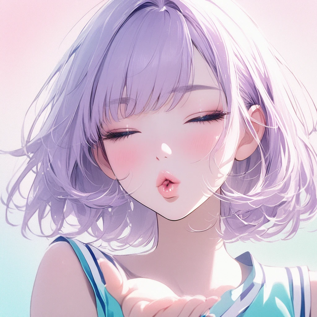 Girl, light purple hair, blue eyes, beautiful, cheerleader uniform, pastel colors, face close-up, flat, lip gloss, brat, ethereal, short hair, puckering up, kissy face, blowing a kiss, lips closed