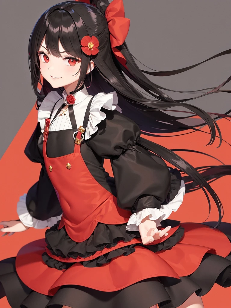 , red eyes, long wavy curry black hair, ???, smile, background in lake garden. Wear a flower-shaped hairpin on only one side. background and outfit modern western! Her hair is tied on the side. noble western castle. arrogant ???. smirk. sadistic smile. noble lady.