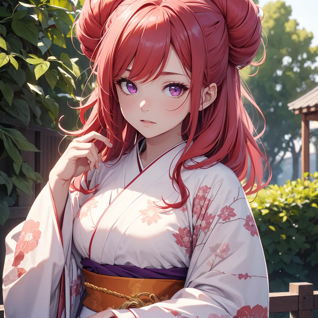 (8K, Best Quality, Masterpiece, Ultra High Resolution) 1 Girl, Beautiful Eyes, Face Details, Long Red Hair, Hair Buns, Pink Eyes, Pale Skin, , Wearing Kimono, White Kimono, Purple Details, Standing Outside, Best Quality, Upper Body, Looking at the Viewer, Facing Viewer, Close Up