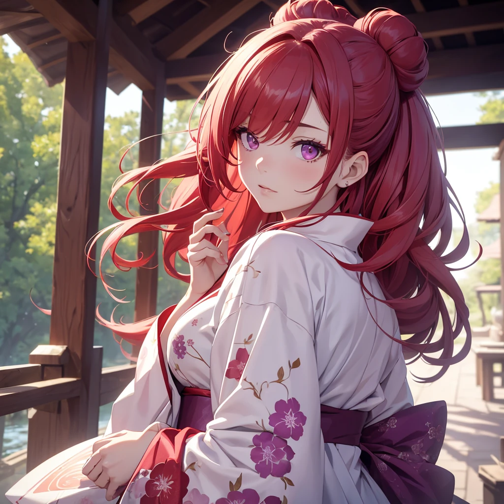 (8K, Best Quality, Masterpiece, Ultra High Resolution) 1 Girl, Beautiful Eyes, Face Details, Long Red Hair, Hair Buns, Pink Eyes, Pale Skin, , Wearing Kimono, White Kimono, Purple Details, Standing Outside, Best Quality, Upper Body, Looking at the Viewer, Facing Viewer, Close Up