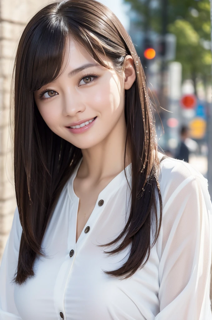 ((Best Quality, 8K, Masterpiece: 1.3)), Sharp Focus: 1.2, A Beautiful Woman with Perfect Figure: 1.4, Slim Abs: 1.2, (Layered Hairstyle,: 1.2)), (Wet White Button Long Shirt: 1.3), Rain: 1.3, Street: 1.2, Wet Body: 1.1, Highly Detailed Face and Skin Texture, Detailed Eyes, Double Eyelids, Big Breasts, Smile,