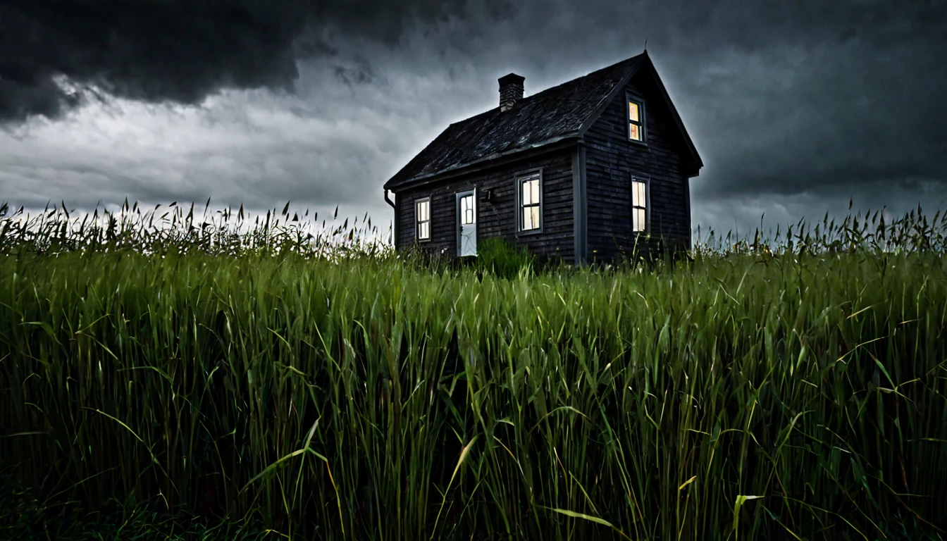 small house, surrounded by tall grass, dark, ominous environment